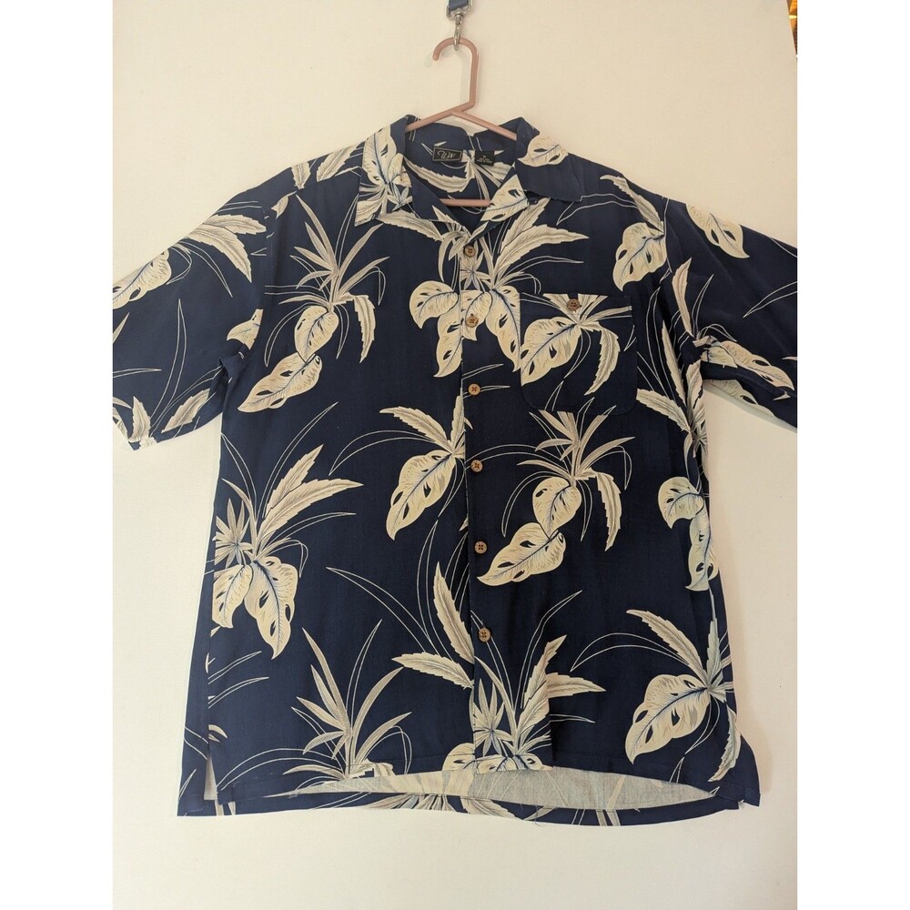 WfF West Forum Aloha Hawaiian blue tan leaf pattern shirt 100% Silk Lightweight